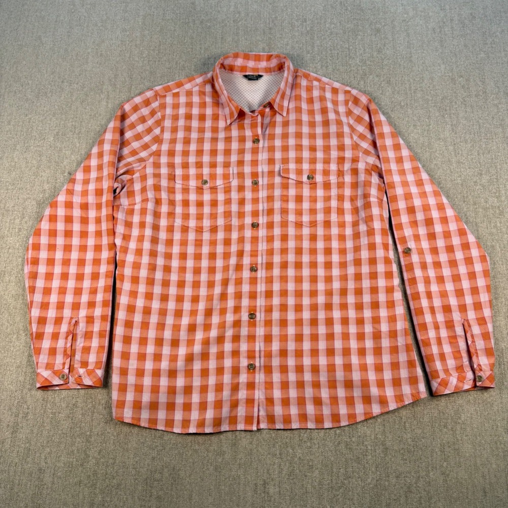 Eddie Bauer Button Down Shirt Mens XL Orange Gingham Plaid Roll Tab Sleeve